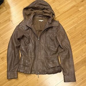 Vince women’s brown zip leather jacket with removable hood medium